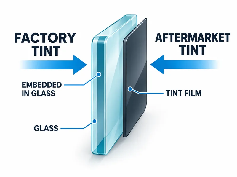 Diagram: factory tint is embedded in the glass; aftermarket tint is a film applied to the glass