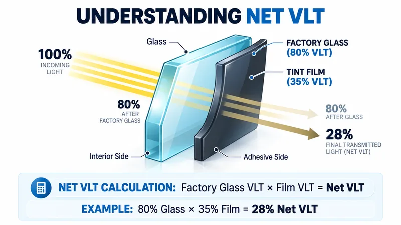 Diagram: light passing through 80% factory glass and 35% tint film, for a net VLT of 28%