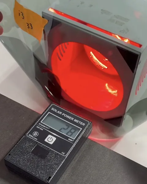 Solar power meter reading 28 BTU under the heat lamp with Autobahn Ceramic i3 window film