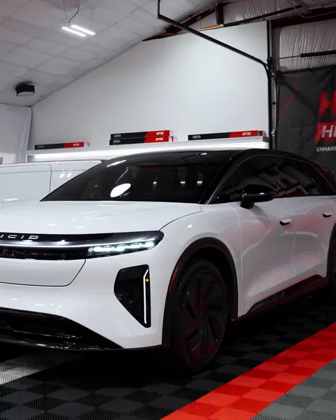White Lucid Gravity SUV with ceramic window tint