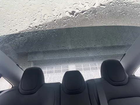 Inside a Tesla Model 3 looking back: only the clear lower section of the rear glass tinted, with the factory-tinted upper section left as is