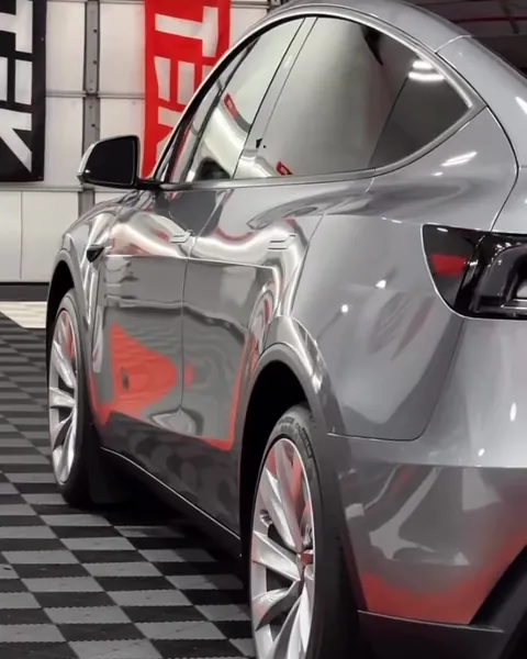 Gray 2025 Tesla Model Y with dark ceramic window tint on the side windows