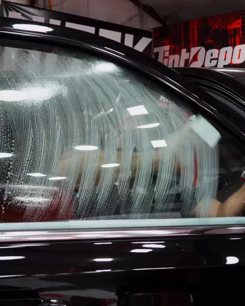 Texas Tinted installer squeegeeing window film onto the door glass of a black SUV